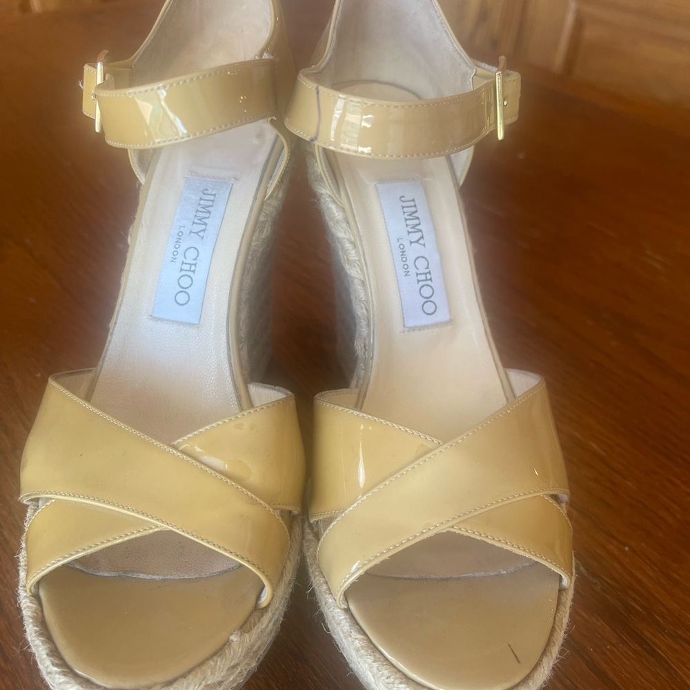 Jimmy Choo Yellow Patent Espadrille Wedges